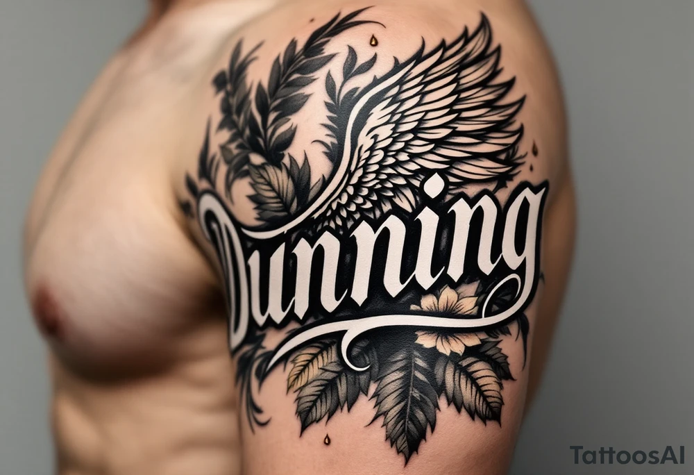 Dunning, Details include on left arm, name in white color,angel wing, rain drop jungles leaves,cool font, gold highlights tattoo idea
