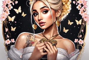 Ariana Grande with blonde hair surrounded in a golden aura with white butterflies and cherry blossoms holding a key that unlocks a heart tattoo idea