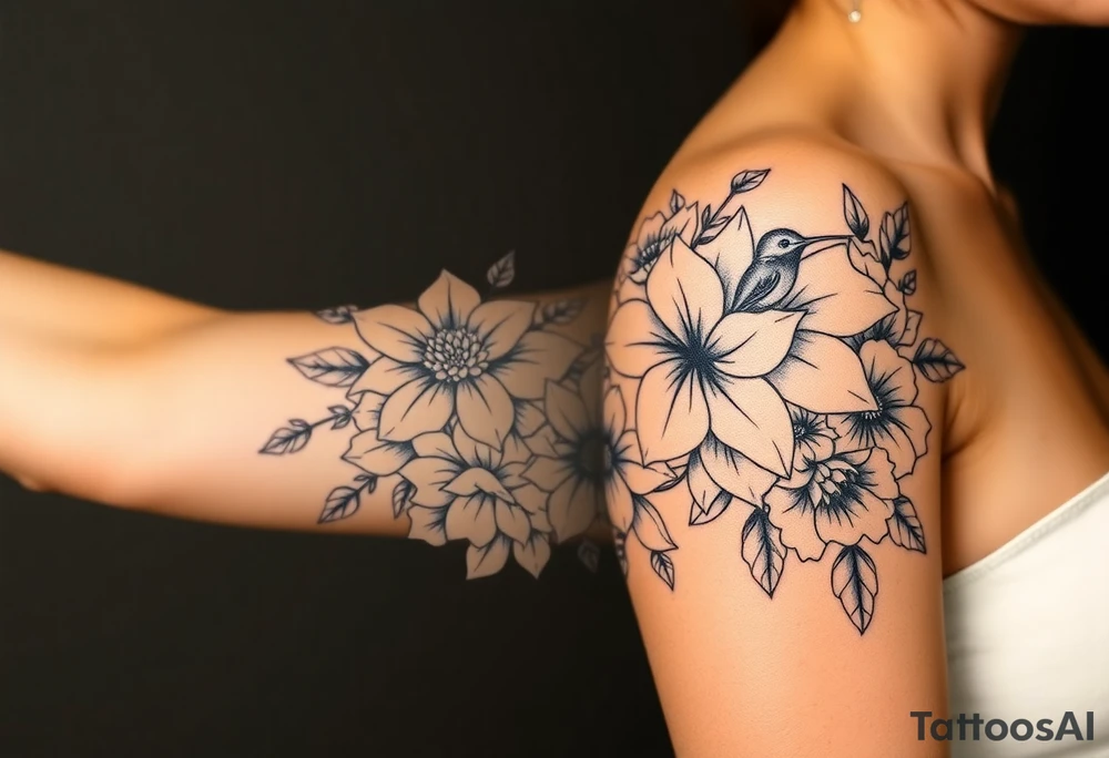 Can you create an image of a tattoo that will go on my upper arm including the following floral arrangement done very light handed and with soft lines- 1 large violet, 1 large carnation, 1 large lily of the valley, 1 large narcicuss, 1 medium carnation, 1 medium violet, 1 small dafodil, 2 small water lillies, and 1 small chrysanthemum. Add a small hummingbird drinking out of the large narcicuss. I want it on my upper right arm on the outside but slightly wrapping around the outer arm. I would like some greenery to fill in spaces as well. Make it large enough to fill my upper arm. I want the flowers to have dramatic and realistic shading. Make the tattoo more vertical than horizontal and put it on a female's arm with medium tan skin. tattoo idea
