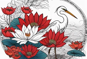 Egret and red lotuses tattoo idea