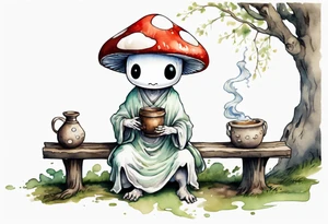 a kodama wearing a mushroom hat and a medieval tunic drinking from a wood cup, sitting on a bench laughing tattoo idea