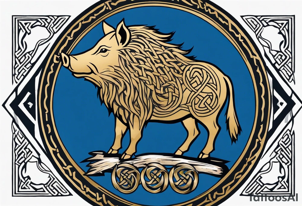 Side profile, Celtic, tribal, wild boar, On a Chatwin family crest with blue background, two gold stars, and a gold Chevron, and a Thistle. With bold black tribal lines. ancient Celtic, tribal boar tattoo idea