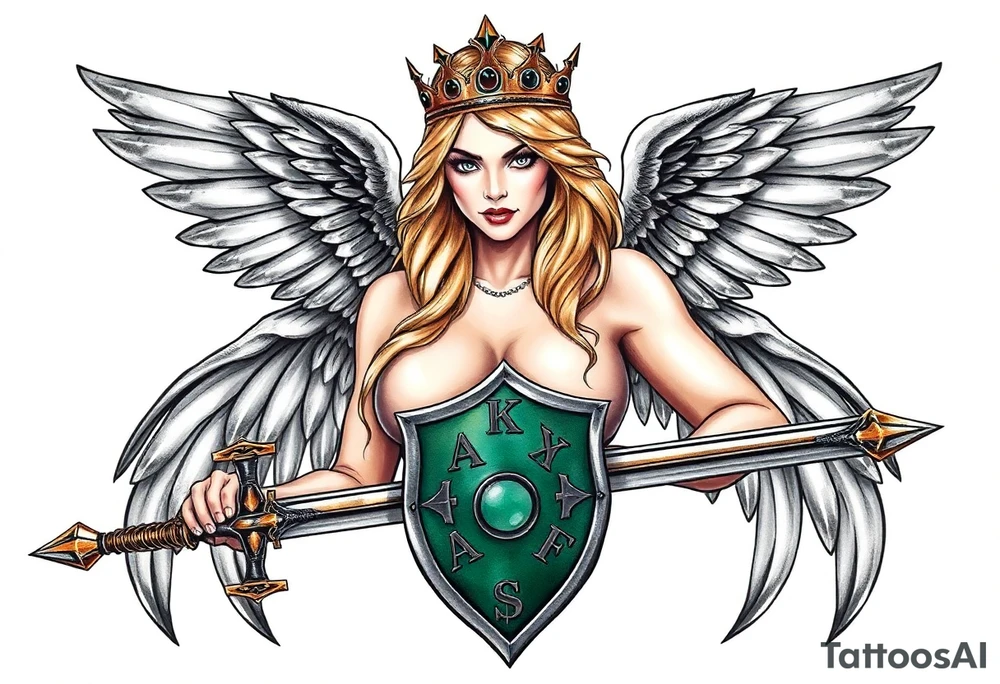 blonde valkyrie -- full sword -- shield with runes -- image should show entire body of the valkyrie from head to feet -- she should have large breasts and beautiful  -- hyper realistic, should look like a real person -- both wings -- full color -- mythical -- classic painting -- winged tiara -- green shield -- sly smile -- more real tattoo idea