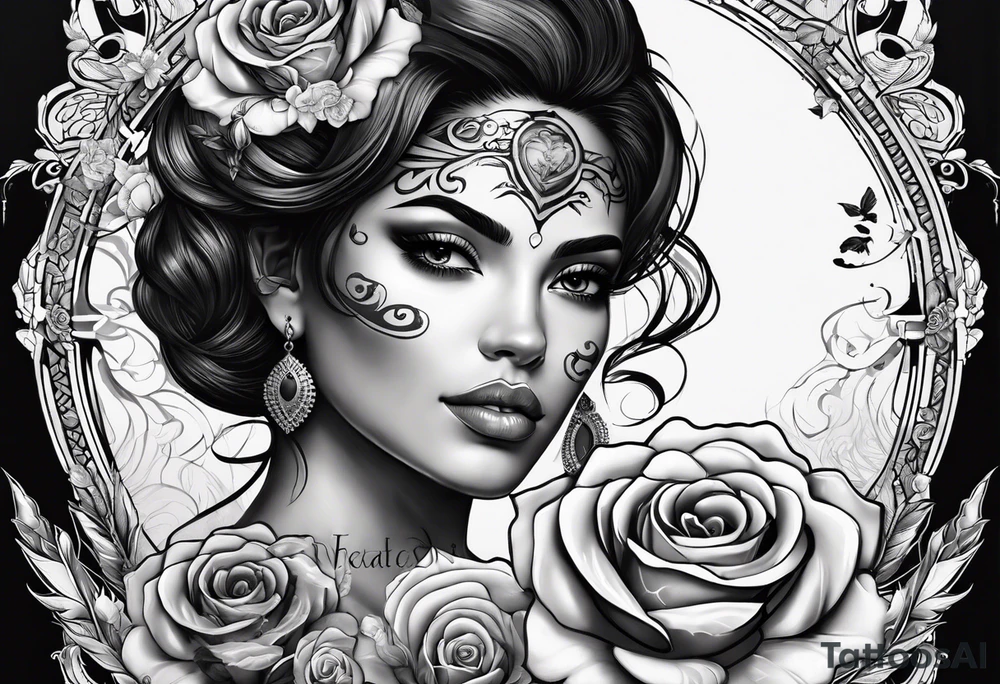 Hispanic/ Latin  woman  with half skull,  roses, loving heART, strength,  cancer zodiac sign  , time heals all tattoo idea