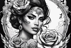 Hispanic/ Latin  woman  with half skull,  roses, loving heART, strength,  cancer zodiac sign  , time heals all tattoo idea