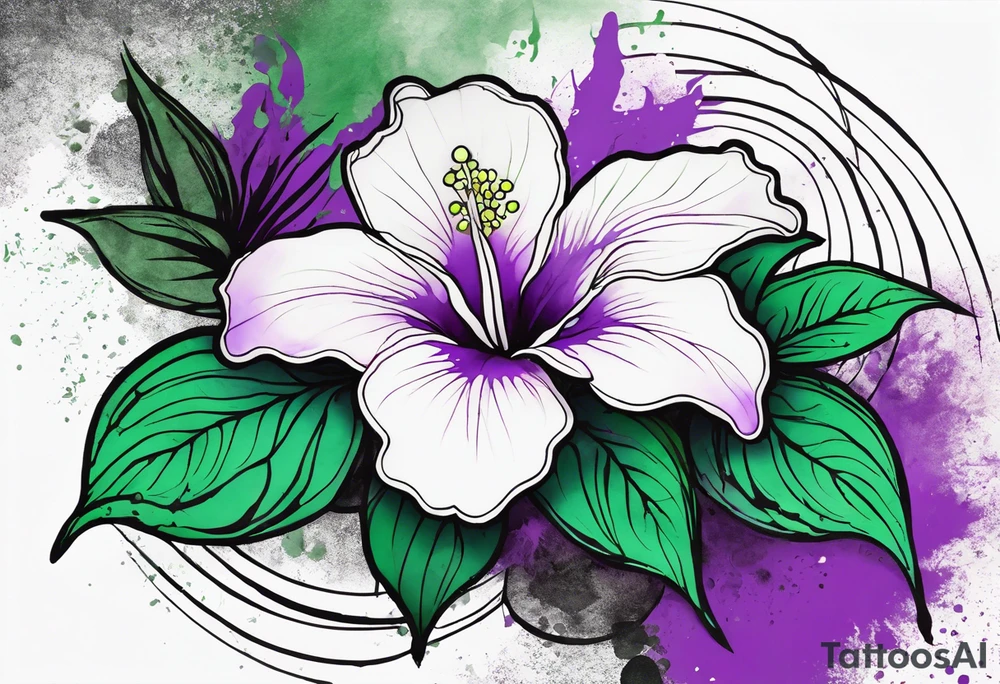 A mystical outline of a green and purple rio dipladenia flower and a green and purple watercolor splash in the background tattoo idea