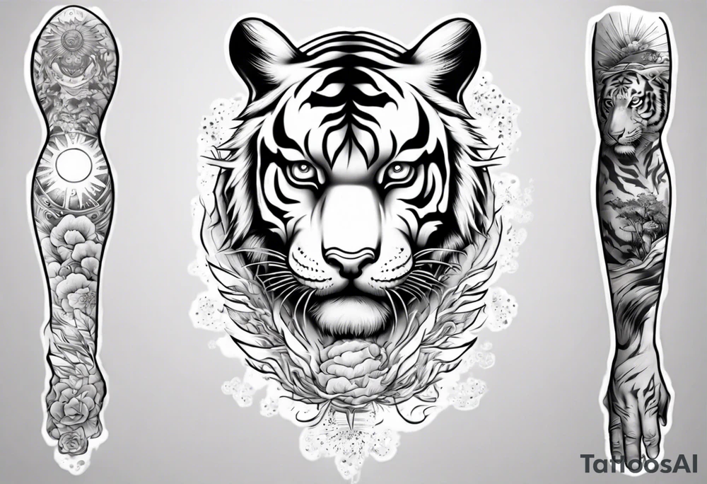 Tiger sleeve tattoo with lightning and the sun
Forearm sleeve tattoo idea