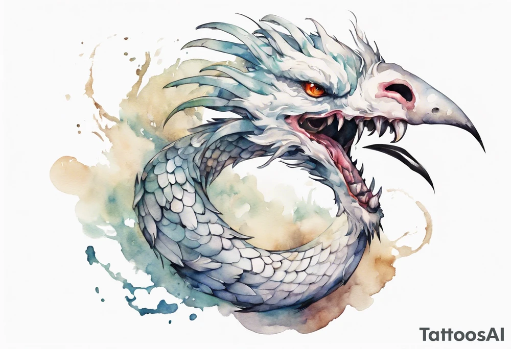 a white bird-serpent hybrid, wearing an iron crown on its head tattoo idea