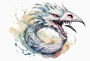 a white bird-serpent hybrid, wearing an iron crown on its head tattoo idea