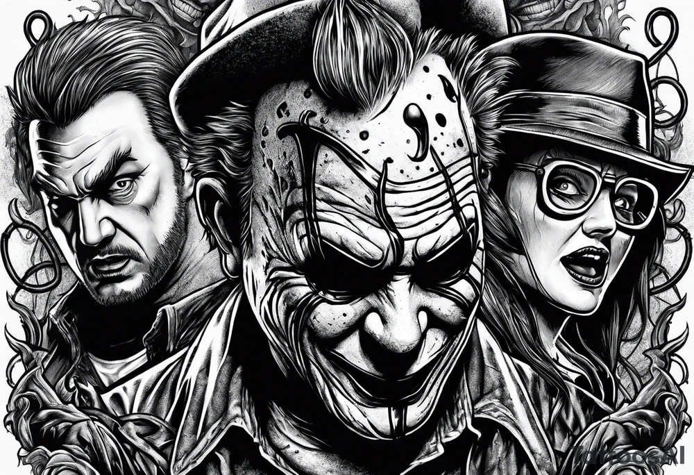 Horror design with a noose, Freddy Kruger, Jason, chucky, and scream tattoo idea