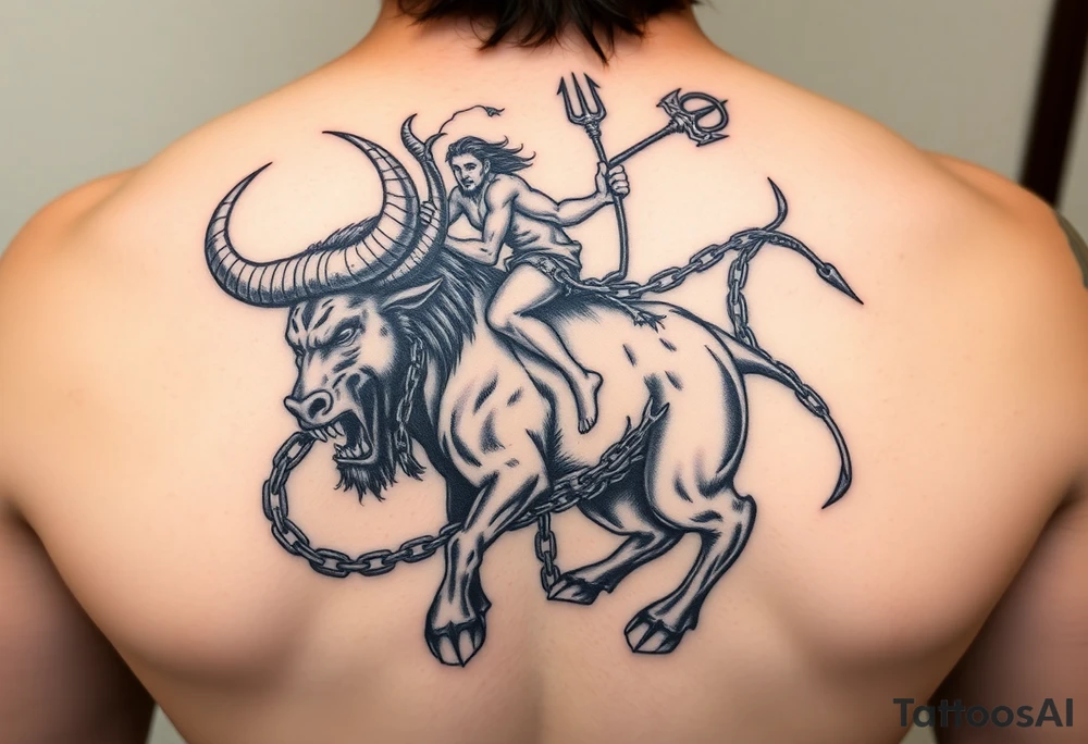 A minotaur with over sized teeth and a crazy guy on the back riding the Minotaur holding to the devils trident in 1 hand and the other hand holding a chain that’s around the beastn eck hanging on as if his life dependent on it tattoo idea