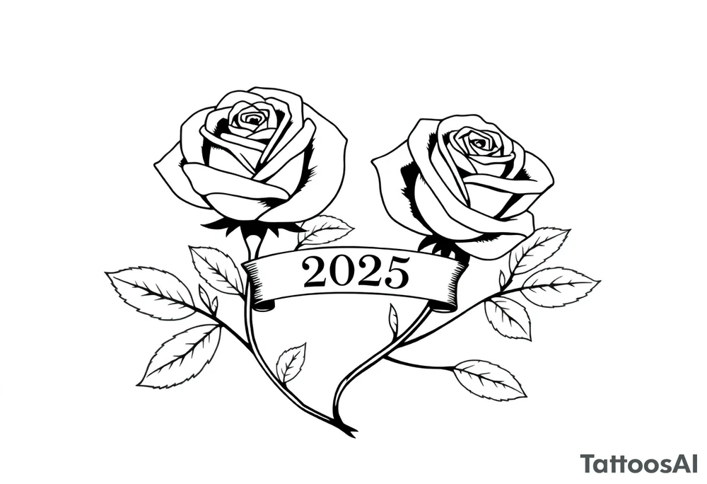 two beautiful large rose buds, one larger than the other, with many leaves next to the rose buds, with one sitting higher than the other. Include a banner connecting the two roses with the year 2025 on it.   Use dark outlines with little shading. The two stems should be short, not long, and connect and join into one stem, whimsically curved or twisted - not straight down. tattoo idea