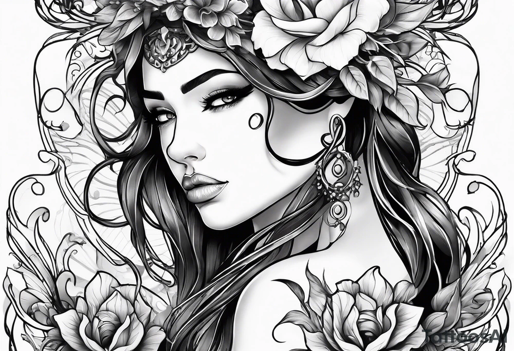 Powerful sexy warrior woman with flowers and vines tattoo idea
