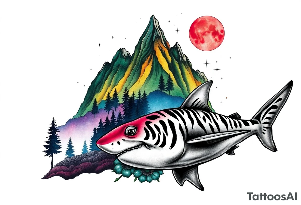 forest mountains in color and tiger shark in black and white tattoo idea