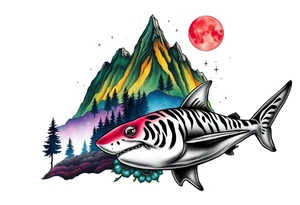 forest mountains in color and tiger shark in black and white tattoo idea