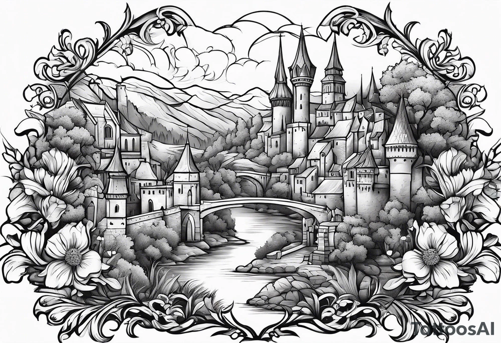 medieval tribal city 
floral  land  vignette tattoo idea