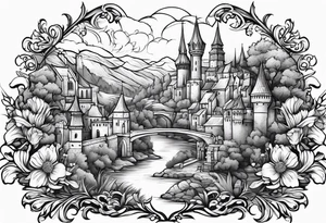 medieval tribal city 
floral  land  vignette tattoo idea
