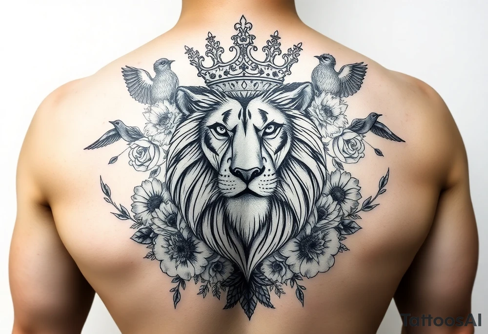 powerful majestic lion with a crown, surrounded by floral ornaments and birds tattoo idea