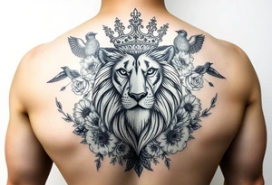 powerful majestic lion with a crown, surrounded by floral ornaments and birds tattoo idea