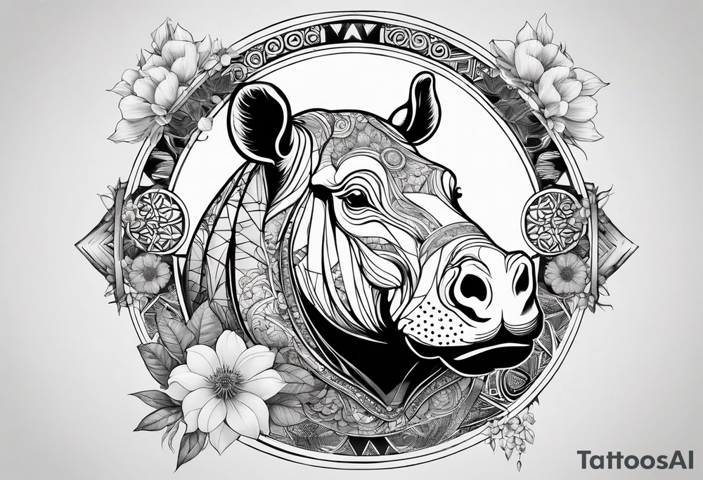 Very asymmetrical, +geometric pattern, with realistic full moon, with handsome hippo, +zen feel, + Buddhism touch, +tribal, +geometric, +inkart 
with wintersweet flower bud, +portrait orientation, +inkart touch, tattoo idea