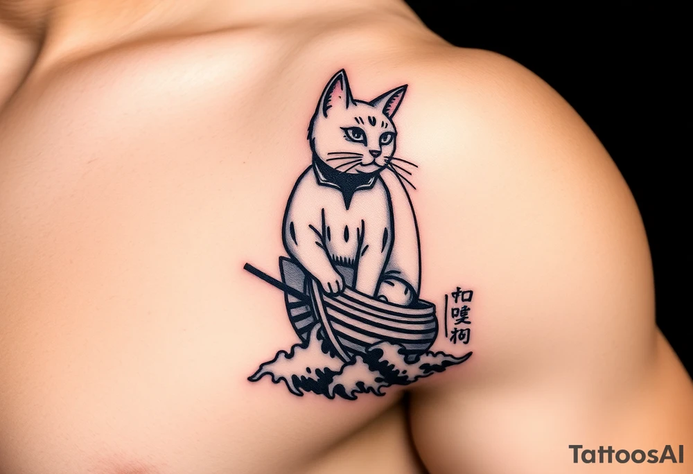 Japanese sailor cat on junk ship sailing rough seas tattoo idea