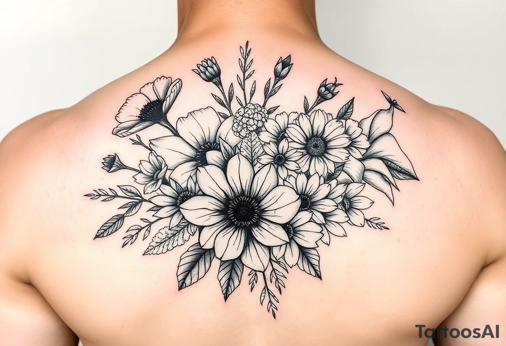 poppy, gladiolus, holly, narcissistic, poinsettia, daisy, and sweet pea flowers in a Bouquet tattoo idea