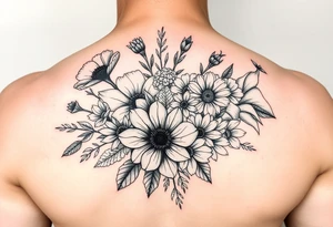 poppy, gladiolus, holly, narcissistic, poinsettia, daisy, and sweet pea flowers in a Bouquet tattoo idea