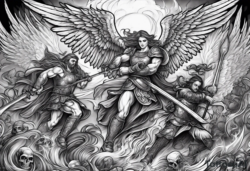 Angels fighting demons over fire with skuls in the background tattoo idea