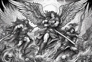 Angels fighting demons over fire with skuls in the background tattoo idea