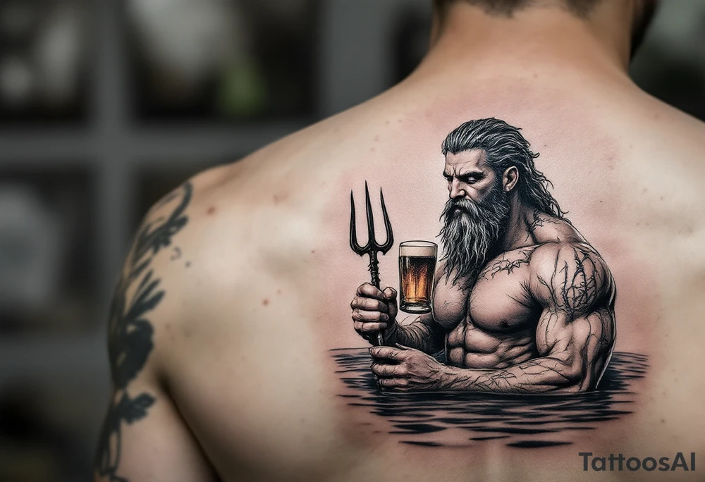 fit poseidon, with a trident, in calm water, holding a beer tattoo idea