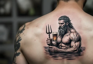 fit poseidon, with a trident, in calm water, holding a beer tattoo idea