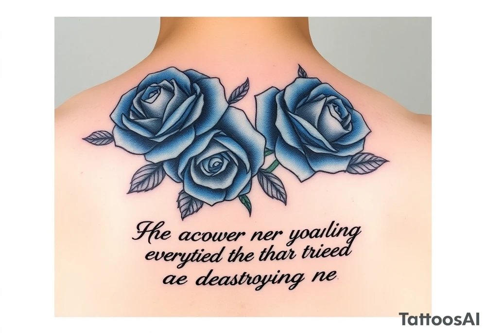 blue roses with the quote “ She overcame everything that tried to destroy her “ tattoo idea