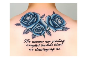 blue roses with the quote “ She overcame everything that tried to destroy her “ tattoo idea