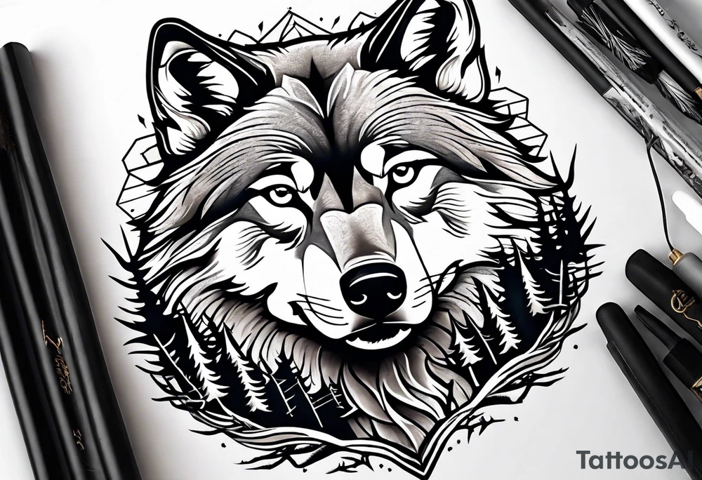 Forest and mountains in wolf body tattoo idea