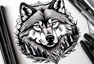 Forest and mountains in wolf body tattoo idea