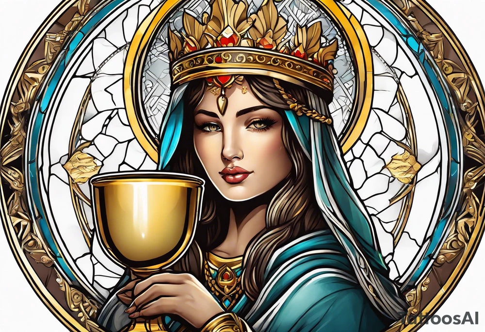 woman saint holding chalice surrounded by golden halo sideways tattoo idea