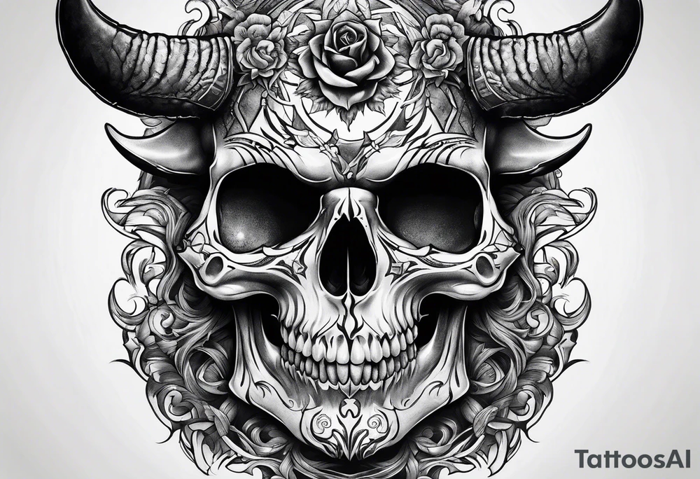 Devil skull  with hollow eyes and  horns holding the earth tattoo idea