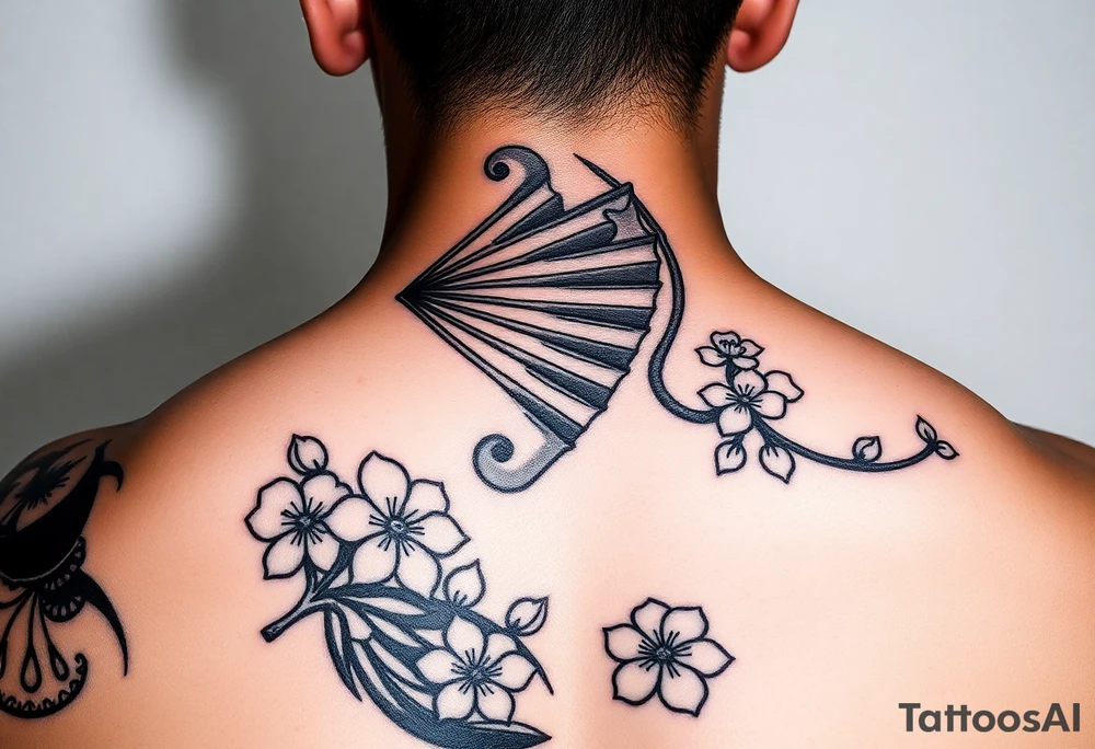 Samurai Asian leye lash face warrior
 with a fan across her face with cherry blossom tattoo idea