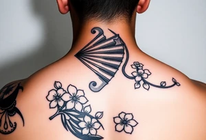 Samurai Asian leye lash face warrior
 with a fan across her face with cherry blossom tattoo idea