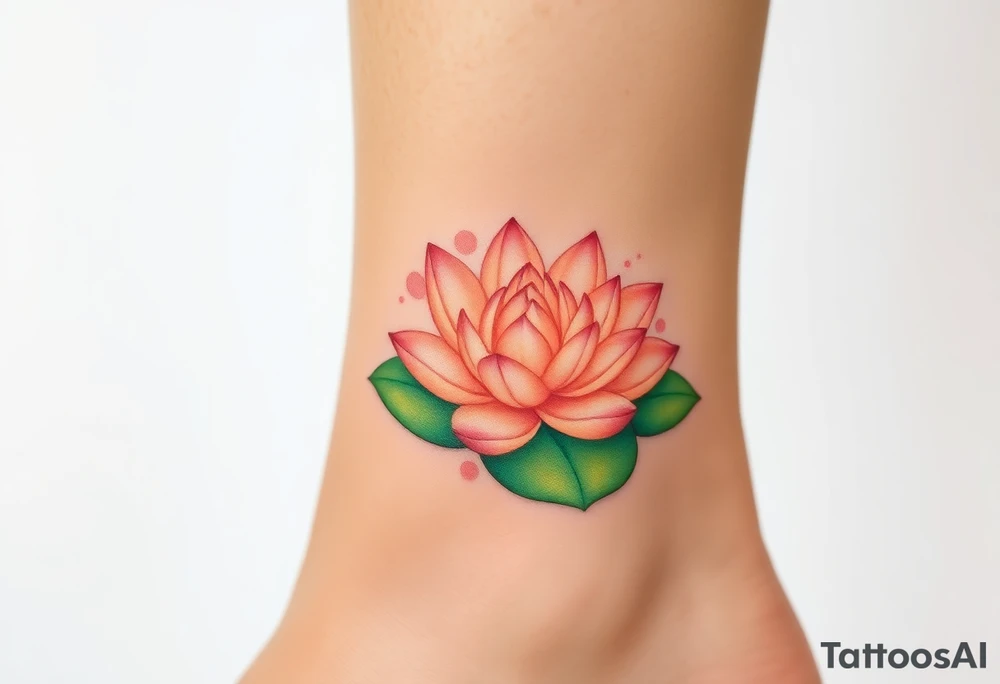 A pale peach water lily floating on a soft green lily pad, with watercolor splashes in pastel pinks and greens, symbolizing tranquility and the beauty of new life tattoo idea