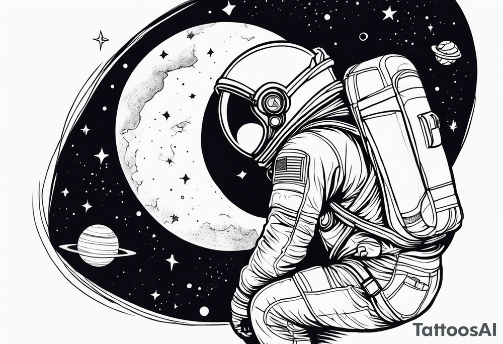 an astronaut hunched over in space from the back holding a planet in his hands tattoo idea