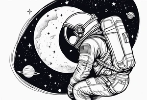 an astronaut hunched over in space from the back holding a planet in his hands tattoo idea