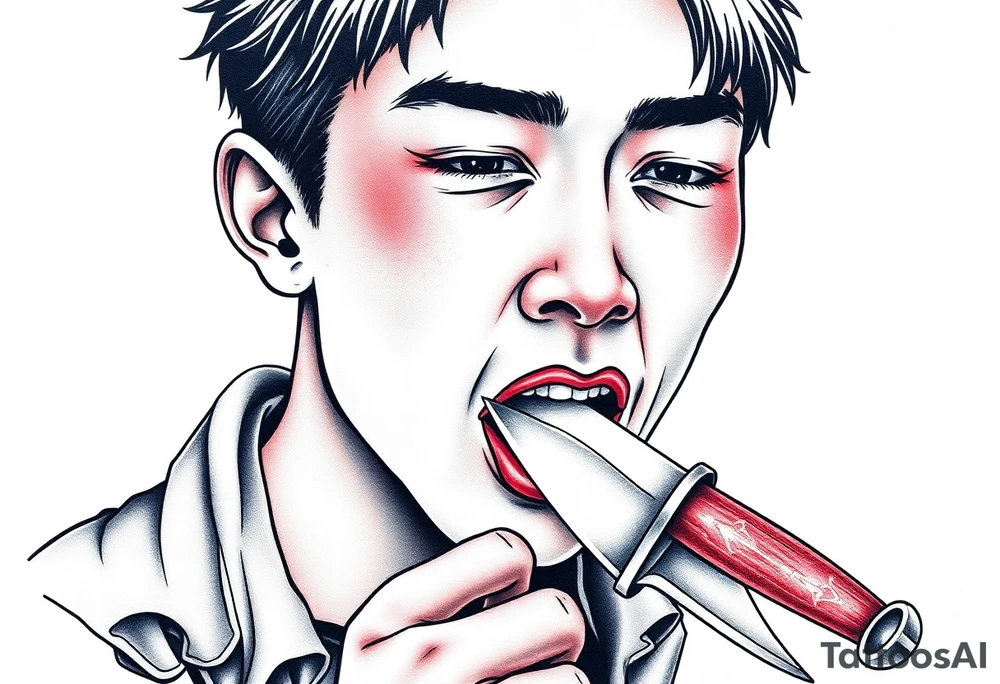 Handsome Asian young guy is licking a ritual knife tattoo idea