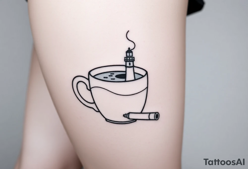 A mug of coffee
 with a picture of a 
 lighthouse on the the mug and a cigarette laying next to it tattoo idea