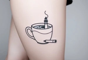 A mug of coffee
 with a picture of a 
 lighthouse on the the mug and a cigarette laying next to it tattoo idea