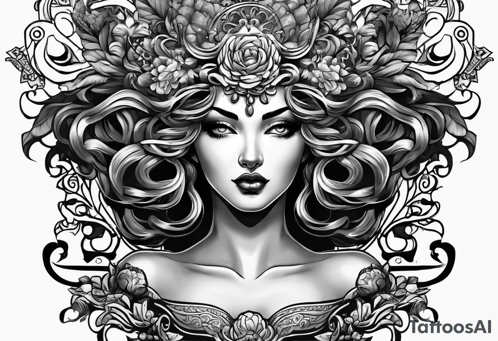 Medusa lady head neo traditional tattoo idea