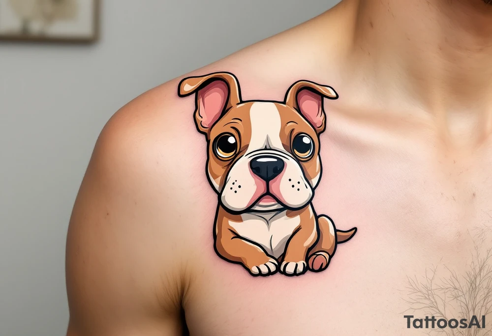 Cartoon Staffordshire Bull Terrier – A cute, exaggerated version with big eyes and floppy ears, shaded in light brown and creamy white, playful and sweet. tattoo idea