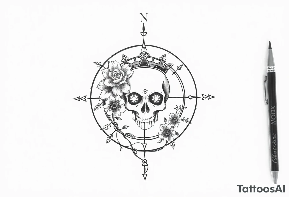 Compass with detailed beautiful gothic boho flowers on vine and skull with gorgeous crown tattoo idea