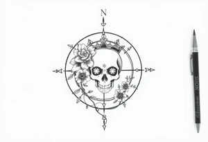 Compass with detailed beautiful gothic boho flowers on vine and skull with gorgeous crown tattoo idea