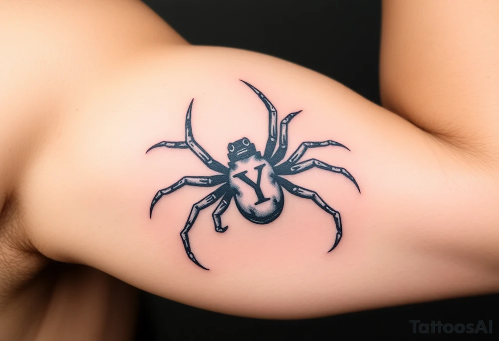 Spider crawling sideways with spread legs with the letter Y on the body of the spider tattoo idea